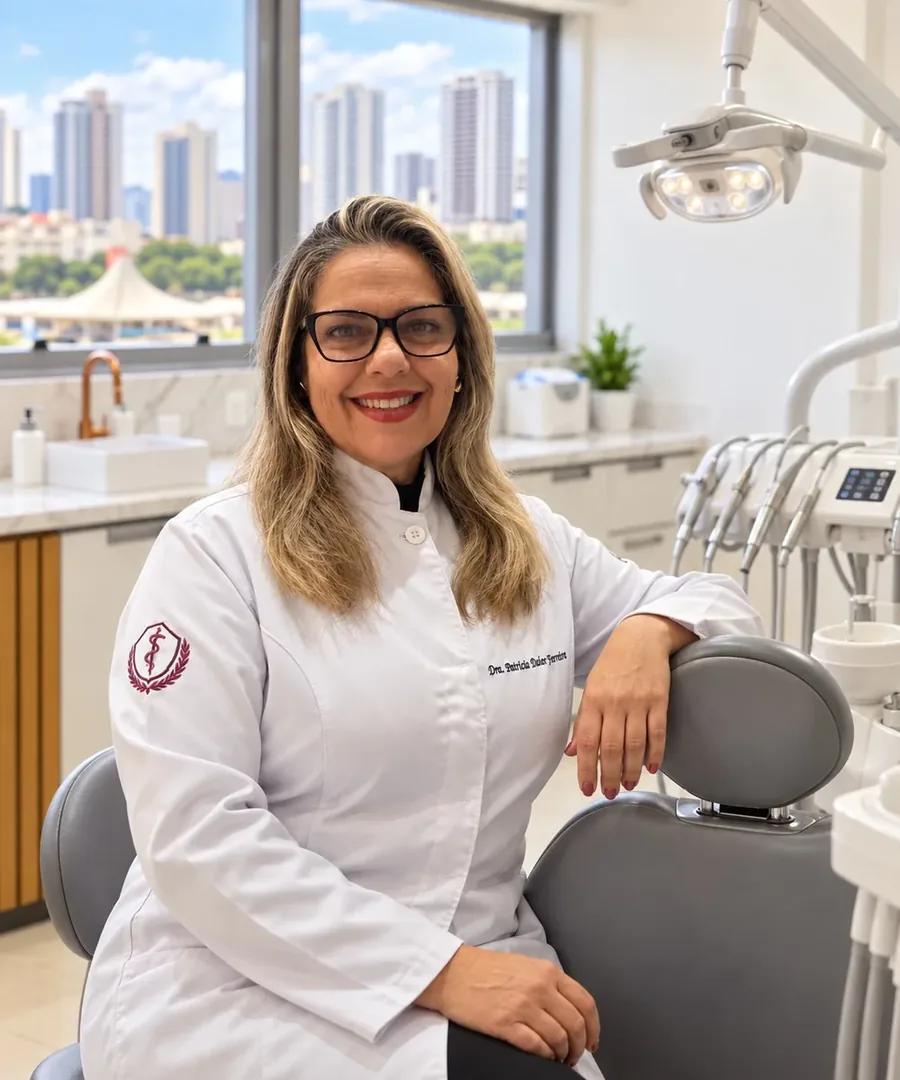 Dra. Patrícia Daher, cirurgiã-dentista, no consultório da clínica